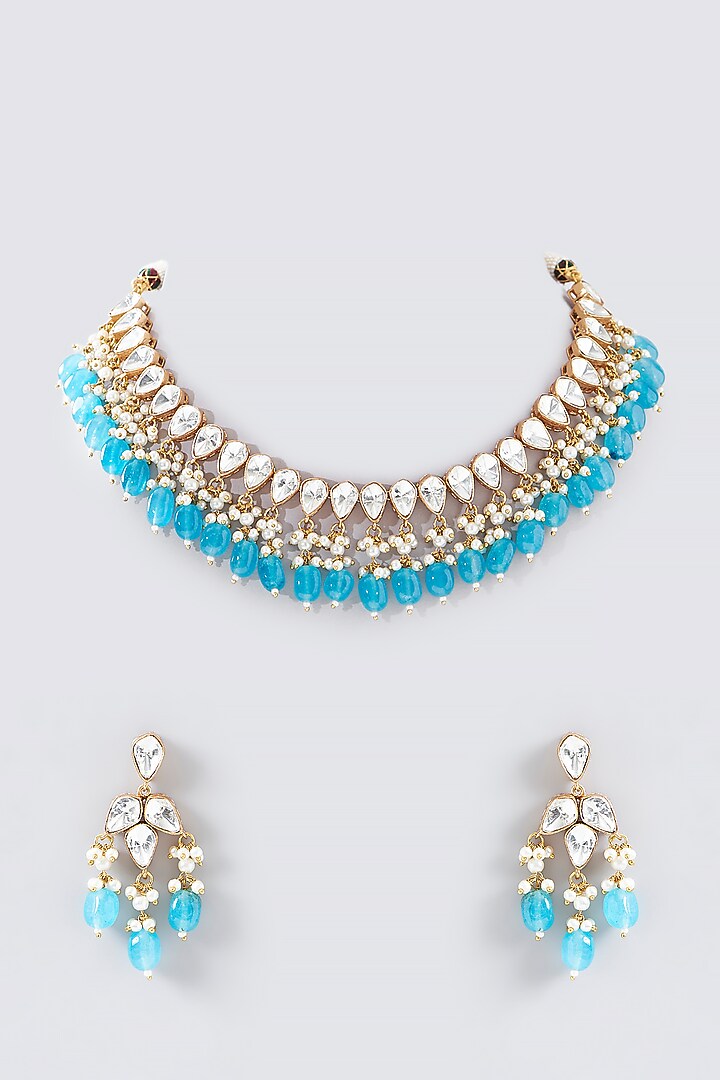 Gold Finish Blue Drop & Kundan Polki Choker Necklace Set by Adityam Jewels at Pernia's Pop Up Shop